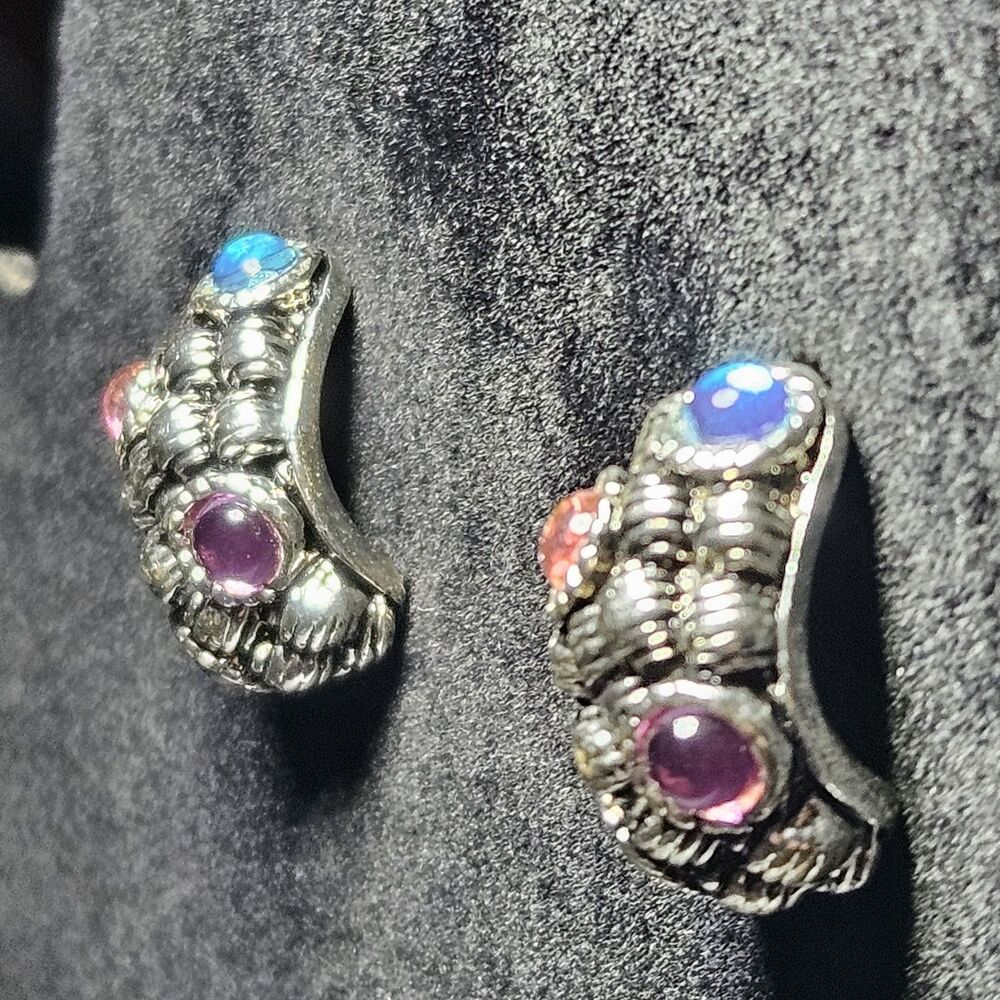 Vintage Da Vinci Silver Tone Chunky Blue Pink Purple Earrings